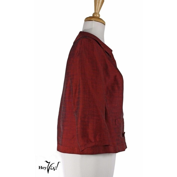 Vintage 50s Red Silk Sharkskin Boxy Jacket Hong Kong Hallmark Tag Sz L - Hey Viv - Picture 2 of 7